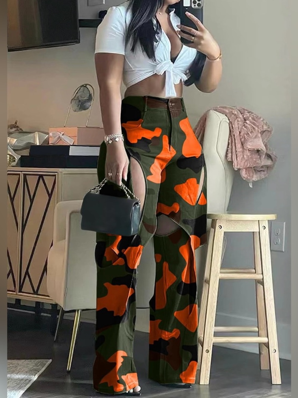 Women Camo Cargo Pants High Waisted Hollow Straight Leg Pants